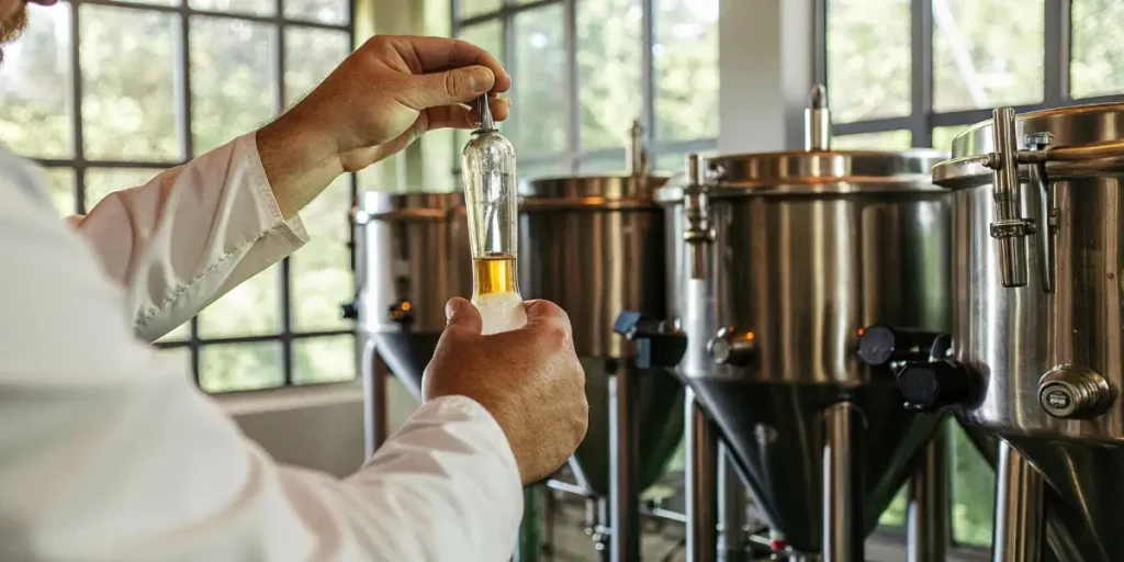 Scientist holding a glass apparatus filled with amber cannabis oil in front of stainless steel fermentation tanks.