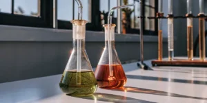 Overhead view of a lab technician holding a small glass flask with cannabis extract in a modern testing lab.