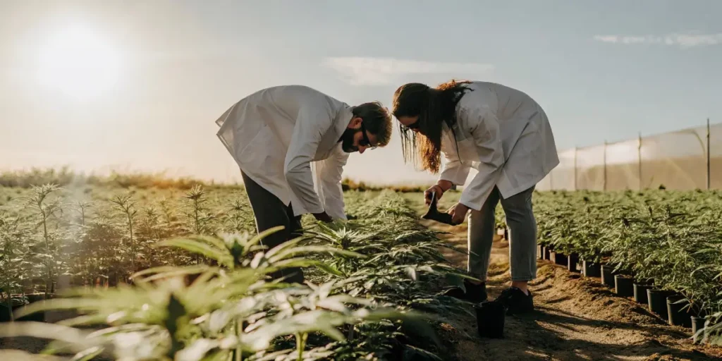 Researchers in white coats examining cannabis plants in a field at sunrise.