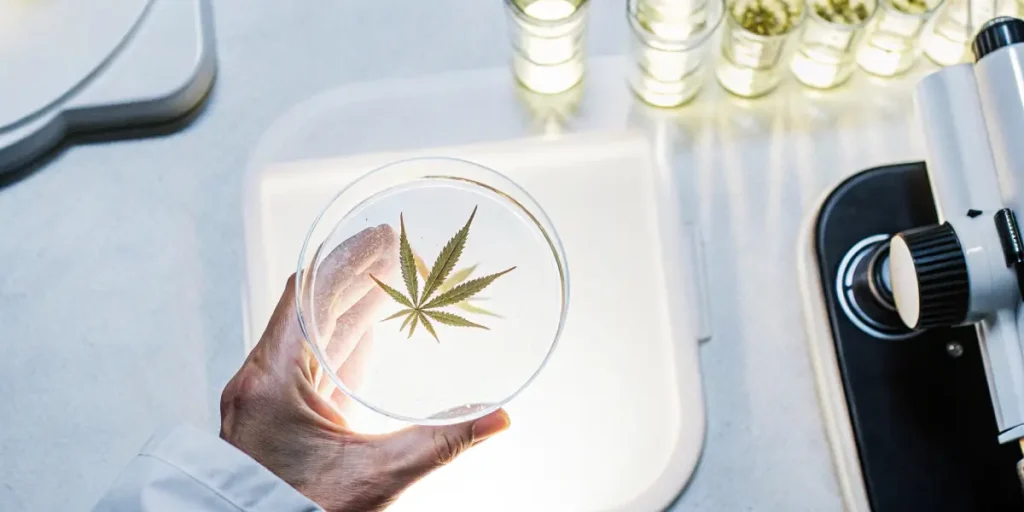 A scientist holding a petri dish containing a cannabis leaf, prepared for laboratory analysis.