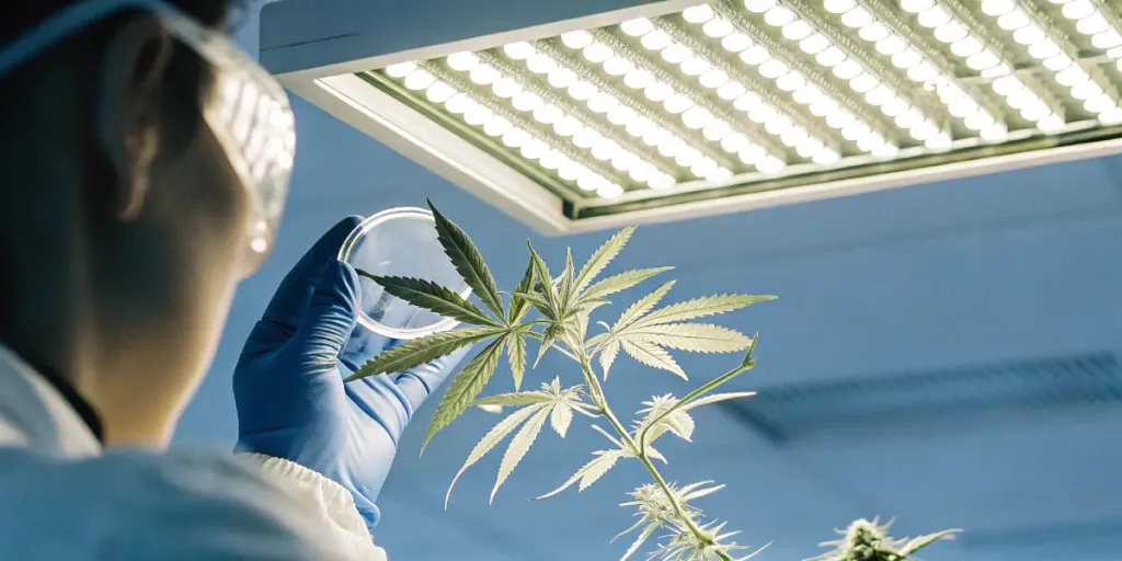 Scientist analyzing a cannabis leaf under LED light with a Petri dish in a laboratory.