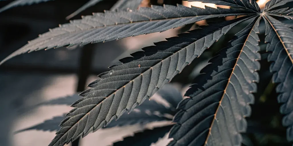 Macro close-up of a cannabis leaf with dark black and purple hues and visible textures.