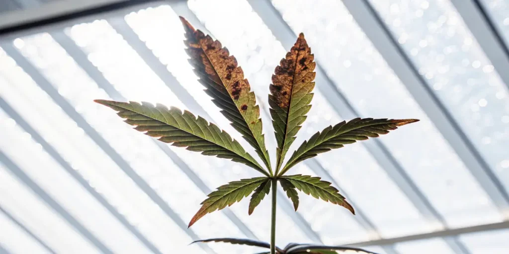 Cannabis leaf showing brown spots due to nutrient deficiency under grow lights