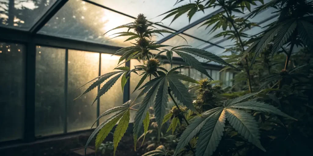 close-up of a cannabis leaf with rust fungus spots inside a greenhouse
