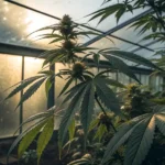 close-up of a cannabis leaf with rust fungus spots inside a greenhouse
