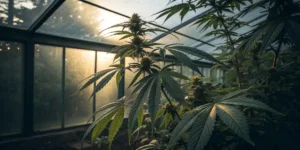close-up of a cannabis leaf with rust fungus spots inside a greenhouse