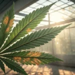 Close-up of a cannabis leaf with visible rust-colored spots indicating possible disease.