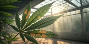 Close-up of a cannabis leaf with visible rust-colored spots indicating possible disease.