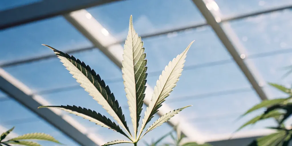 silhouette of a cannabis leaf in a greenhouse against a clear blue sky