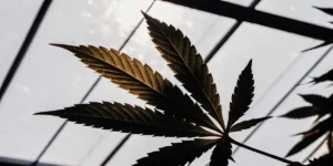 cannabis leaf silhouette in greenhouse lighting
