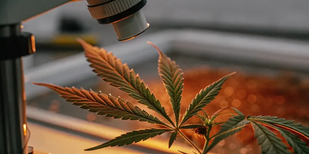 cannabis leaf positioned under a lab microscope with warm orange lighting