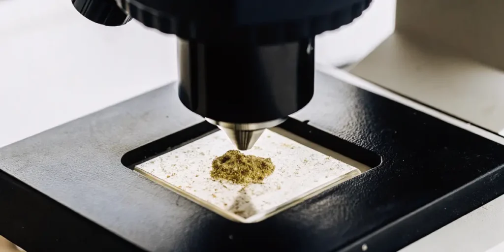 Close-up of cannabis kief under a microscope in a laboratory setting