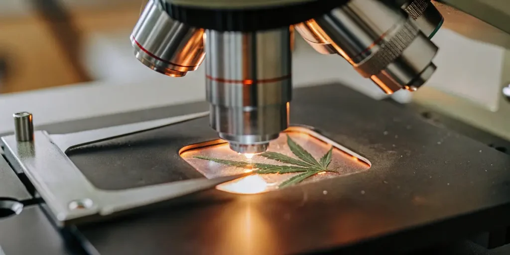 Cannabis leaf under a microscope lens in a laboratory for analysis