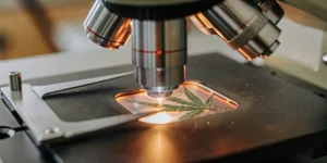 Cannabis leaf under a microscope lens in a laboratory for analysis