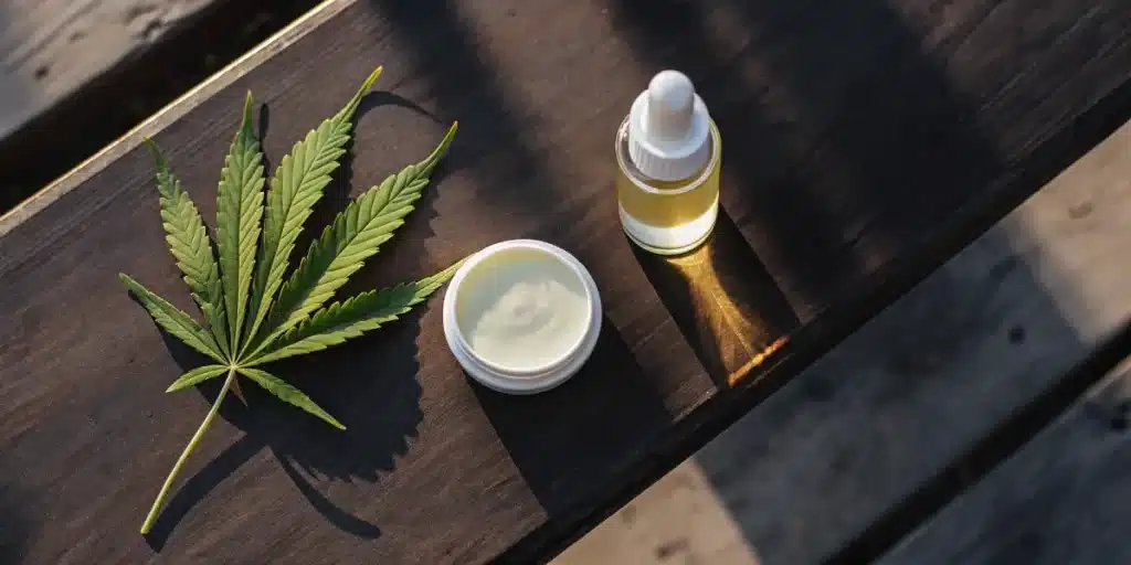 Cannabis leaf next to oil and topical cream on wooden surface
