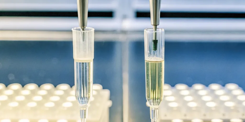 Two laboratory pipettes processing cannabis liquid samples in clear test tubes.