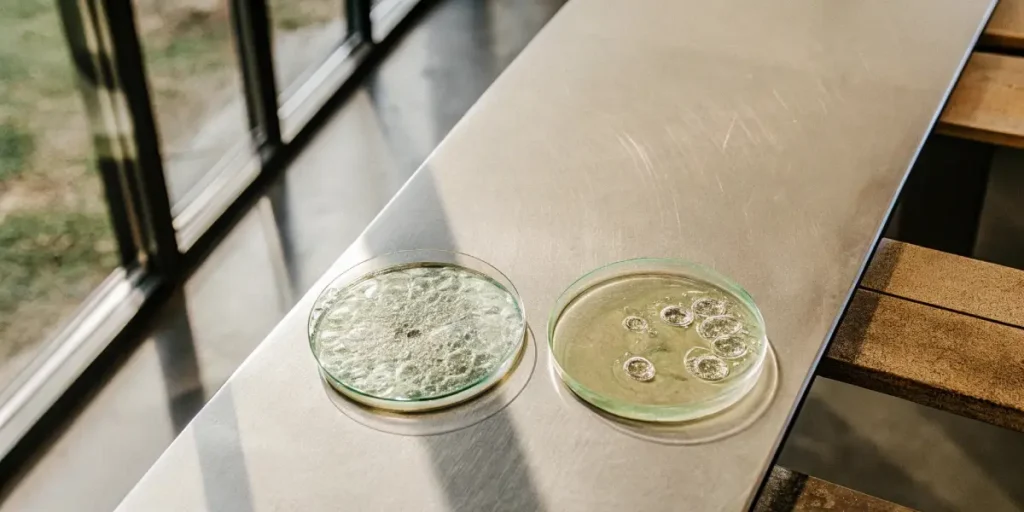 Cannabis mold testing in two petri dishes with different growth patterns under natural light