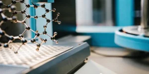 Detailed cannabis molecular structure model displayed in laboratory equipment.