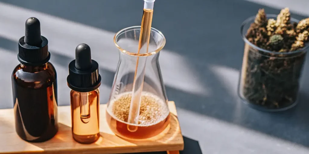 Amber dropper bottles and lab glassware with cannabis oil on a laboratory bench.