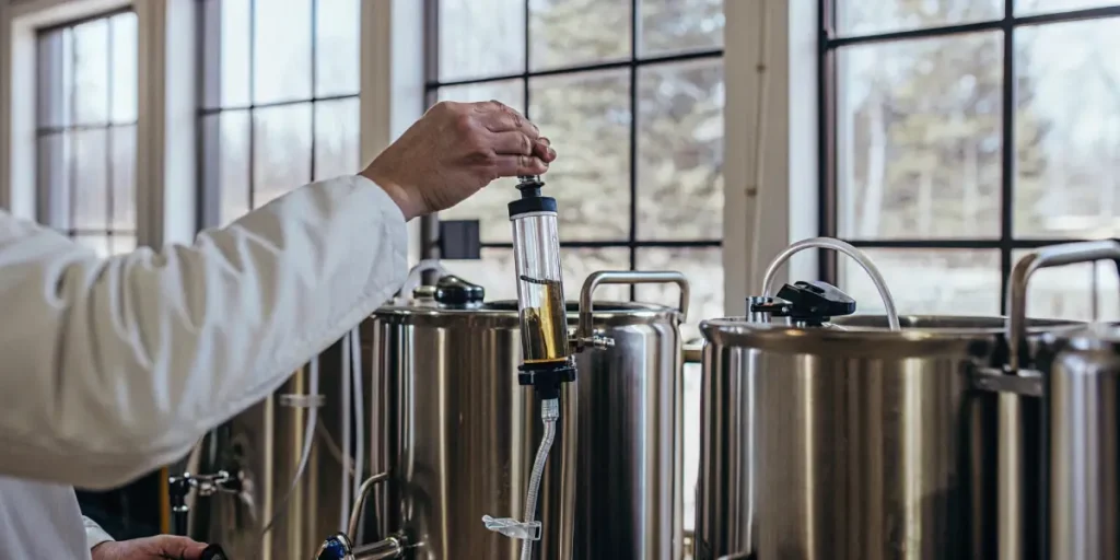Close-up of a scientist handling cannabis oil in a syringe attached to an industrial extraction tank.