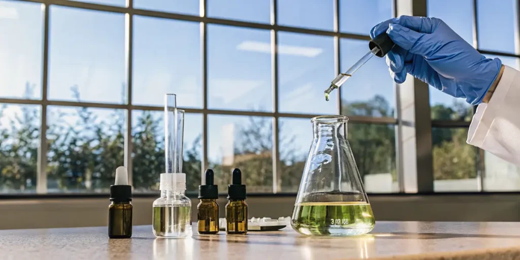 Lab setup with cannabis oil extraction tools and a gloved hand using a dropper.