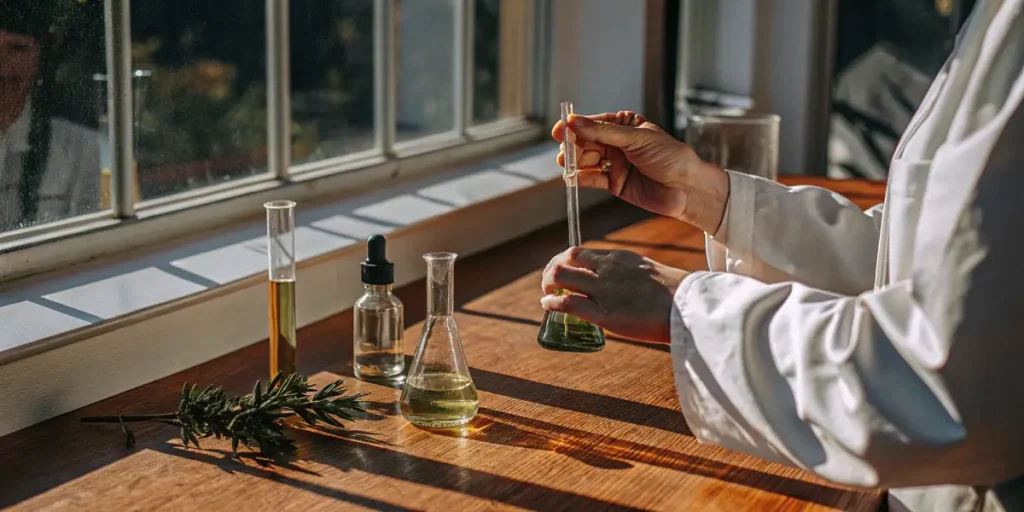 Scientist in white coat mixing cannabis oil in a test tube near a sunlit window.