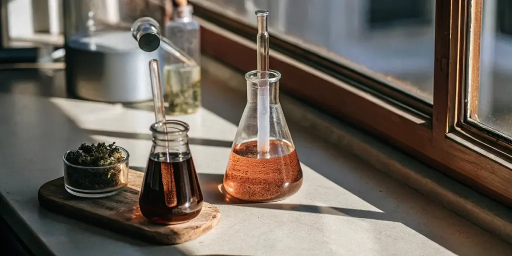 Glass flasks filled with cannabis oil on a sunny laboratory windowsill