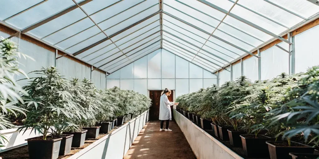 Clear glass lab flasks filled with golden cannabis oil on a laboratory tray.