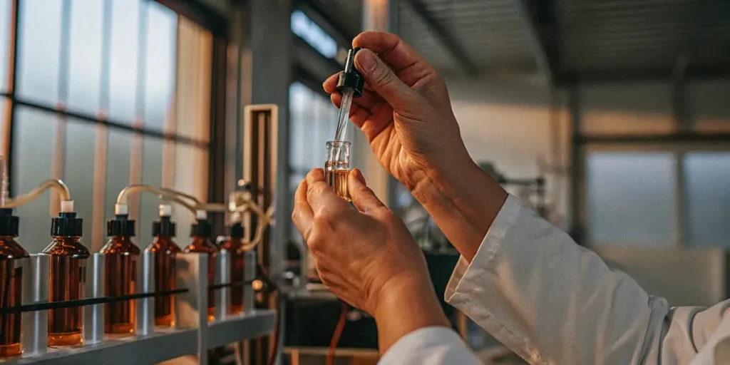 Scientist holding a dropper and glass vial to inspect cannabis oil in a production lab with brown bottles.