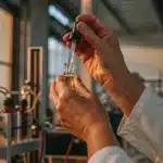 Scientist holding a dropper and glass vial to inspect cannabis oil in a production lab with brown bottles.