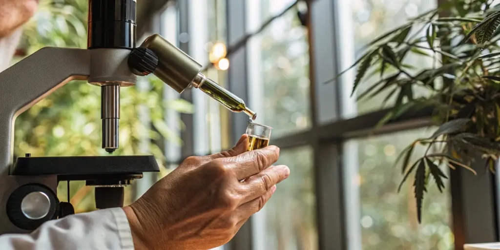 Scientist using a microscope to examine cannabis oil in a glass vial in a laboratory with cannabis plants.