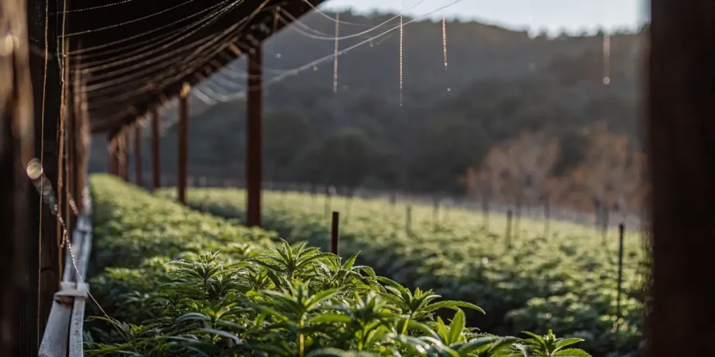 outdoor cannabis farm with irrigation lines and lush green plants