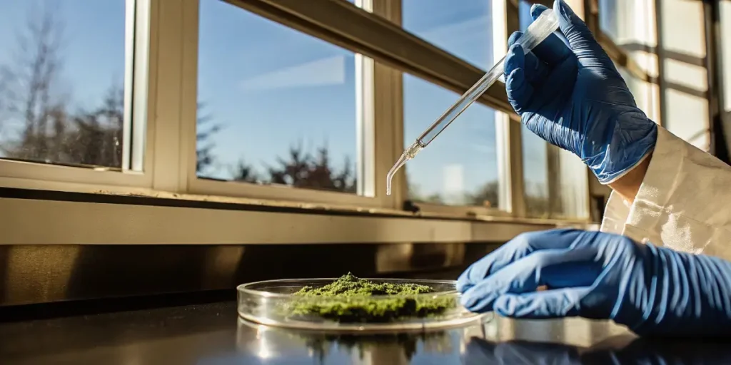 A researcher in blue gloves examines cannabis material in a petri dish near a sunlit lab window
