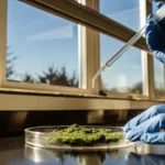 A researcher in blue gloves examines cannabis material in a petri dish near a sunlit lab window