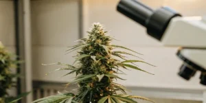 Cannabis bud in front of a laboratory microscope for inspection