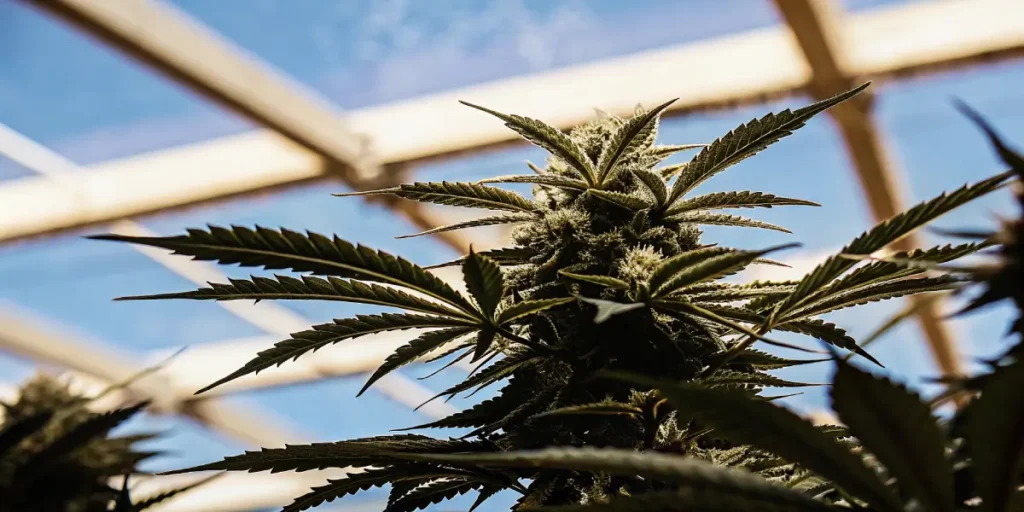 Close-up of a mature cannabis bud with leaves in a greenhouse under a blue sky.