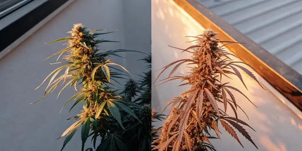 side-by-side comparison of a green cannabis plant and a purple cannabis plant under sunlight
