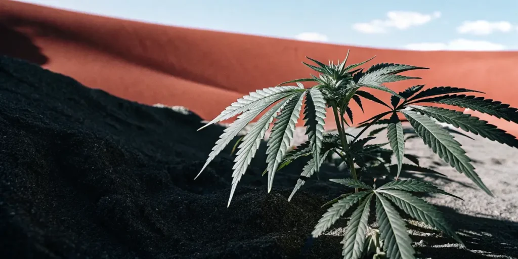 close-up of a cannabis plant growing in dark desert soil with red sand dunes in the background