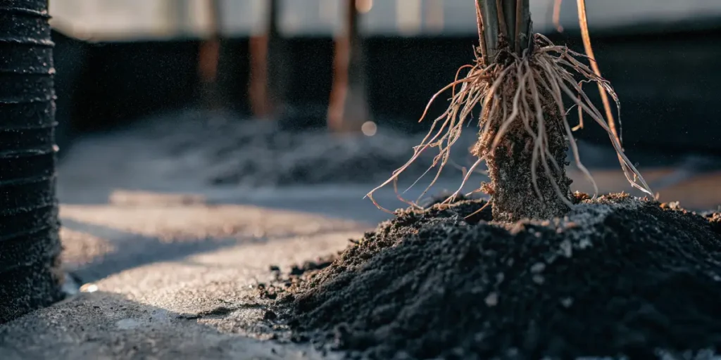 Exposed cannabis plant roots displayed over a mound of dark soil inside a greenhouse environment.