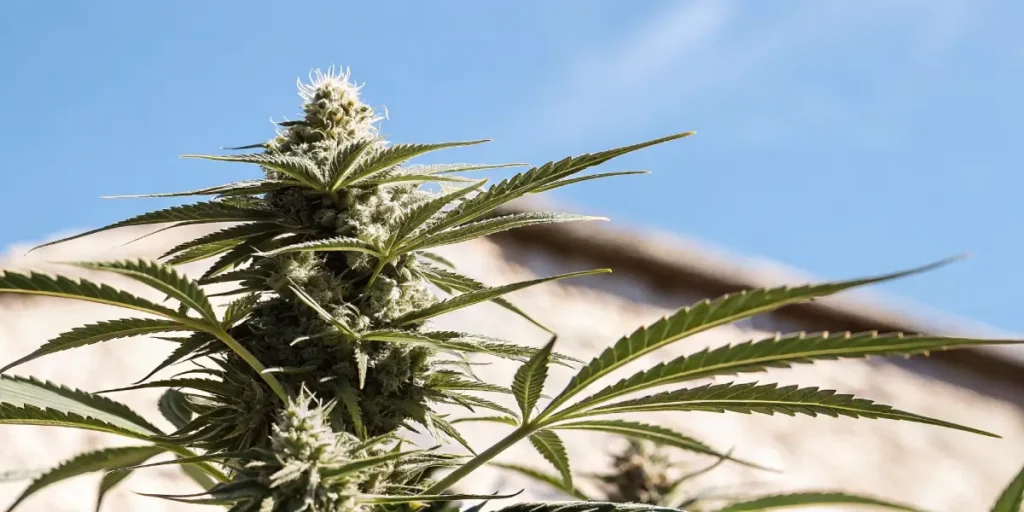 Close-up of a flowering cannabis plant under clear blue sky outdoors.