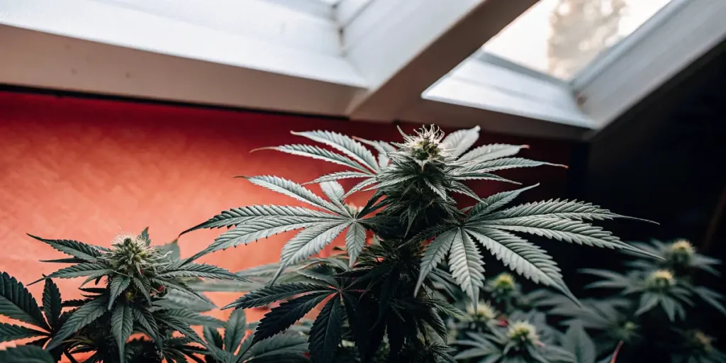 cannabis plant in bloom near a skylight with natural sunlight