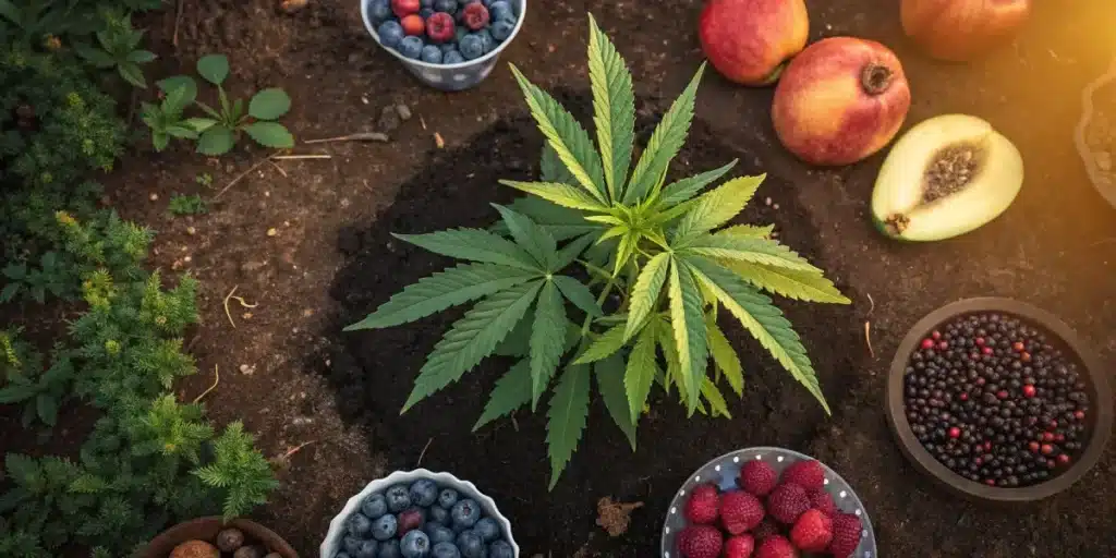 Overhead view of a thriving cannabis plant surrounded by fresh fruits and berries.