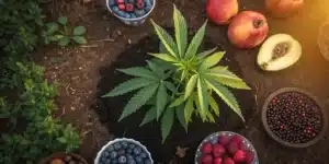 Overhead view of a thriving cannabis plant surrounded by fresh fruits and berries.