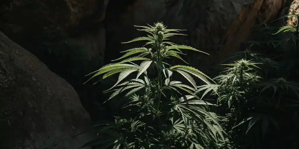 cannabis plant growing in shaded rocky terrain with limited sunlight