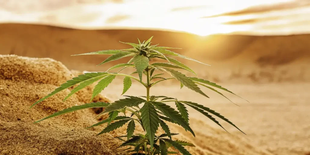 Young cannabis plant thriving under desert sunlight.