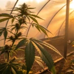 cannabis plant inside a greenhouse during sunset with golden sunlight streaming through