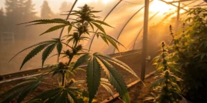 cannabis plant inside a greenhouse during sunset with golden sunlight streaming through