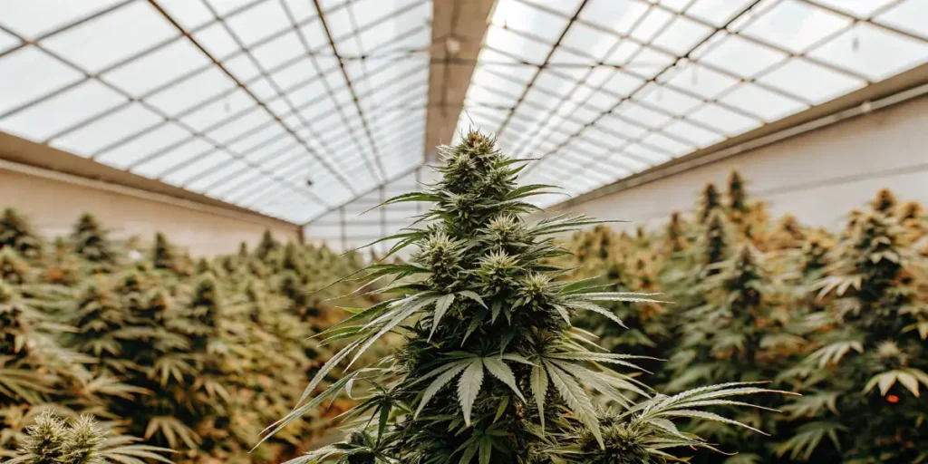 Cannabis plant growing under indoor grow lights with thick buds