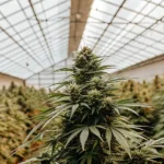 Cannabis plant growing under indoor grow lights with thick buds