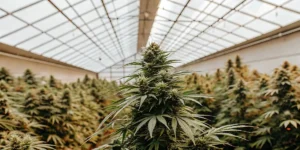 Cannabis plant growing under indoor grow lights with thick buds